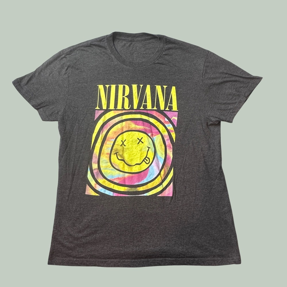 Nirvana T-Shirt Mens L Smiley Face Logo Charcoal Gray Graphic Tee Music Grunge
